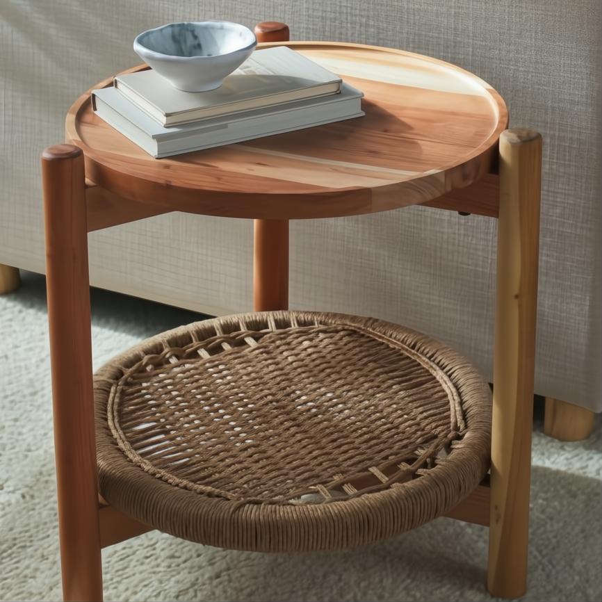 Surya Orly End Table: Brown mango wood top, wheat/brown base, and Danish cord open box weave shelf.