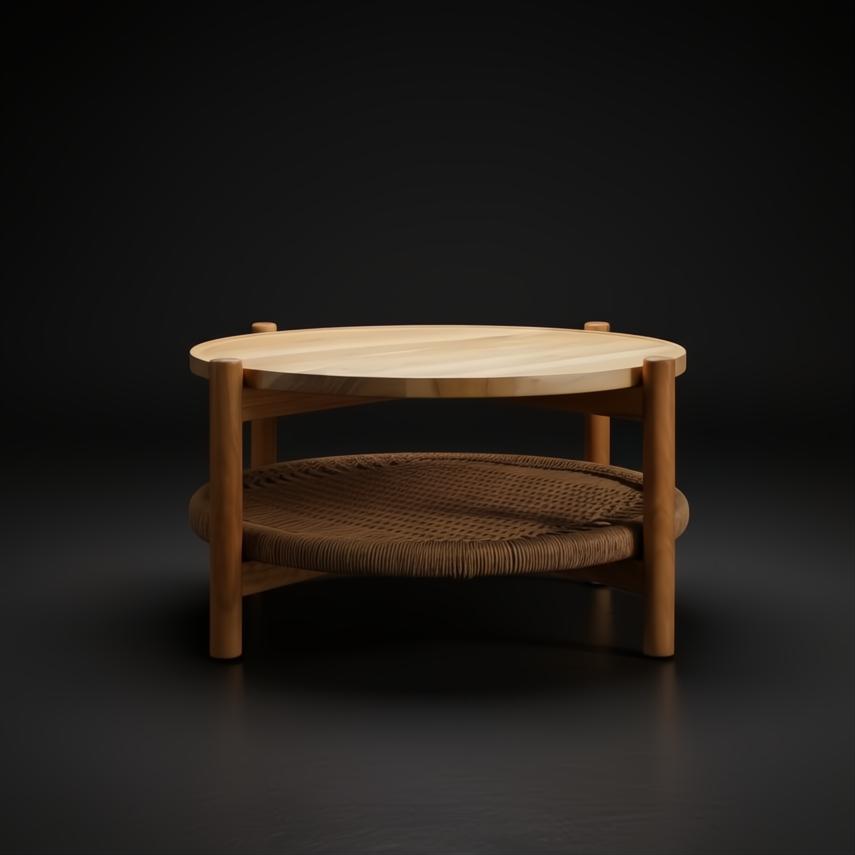 Surya Orly round mango wood coffee table with a wheat brown base and paper rope shelf.