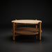 Surya Orly round mango wood coffee table with a wheat brown base and paper rope shelf.