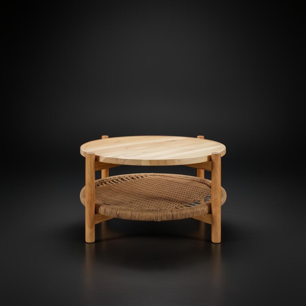 Surya Orly round mango wood coffee table with a wheat brown base and woven paper rope shelf.