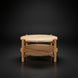 Surya Orly round mango wood coffee table with a wheat brown base and woven paper rope shelf.
