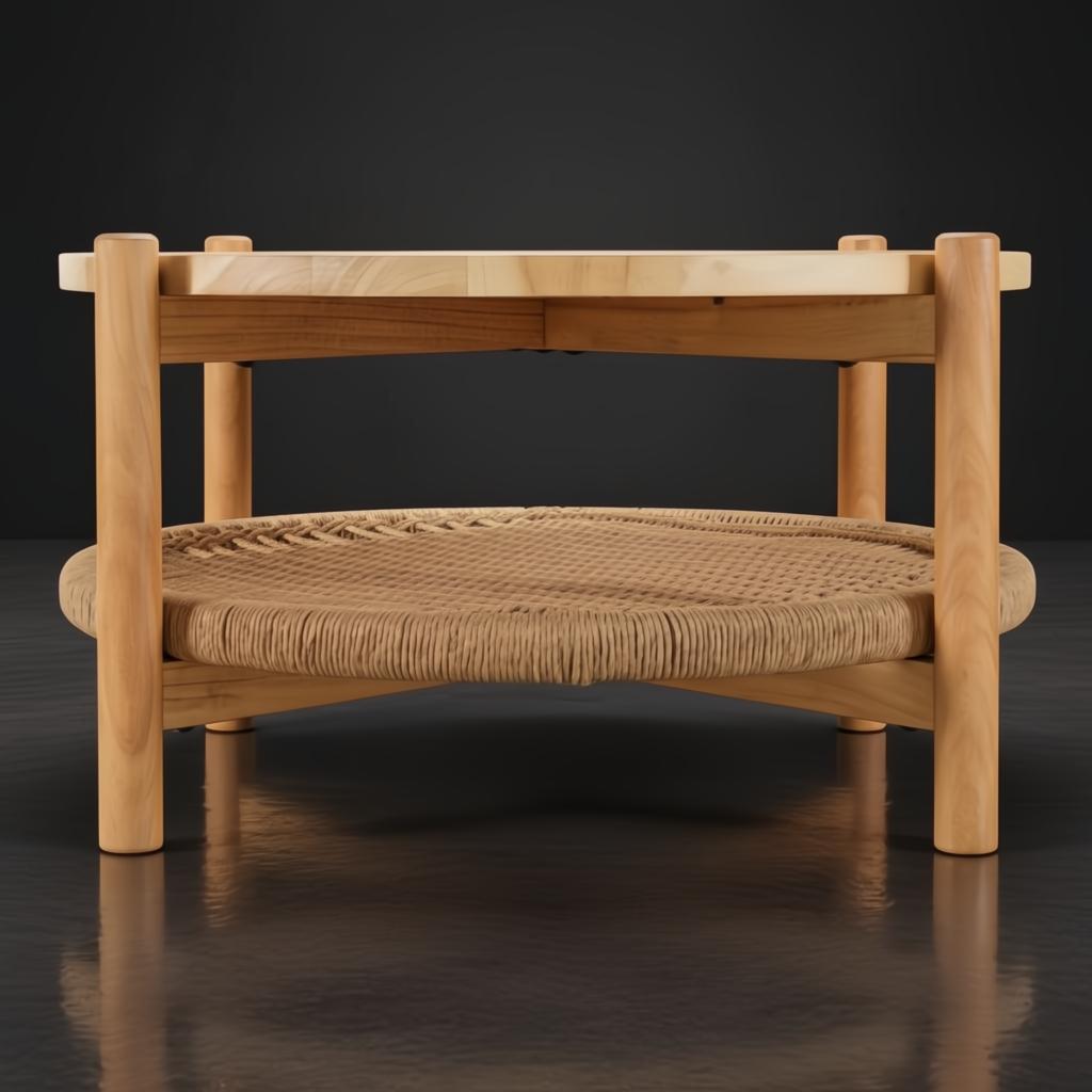 Surya Orly round mango wood coffee table with a wheat brown base and paper rope shelf.