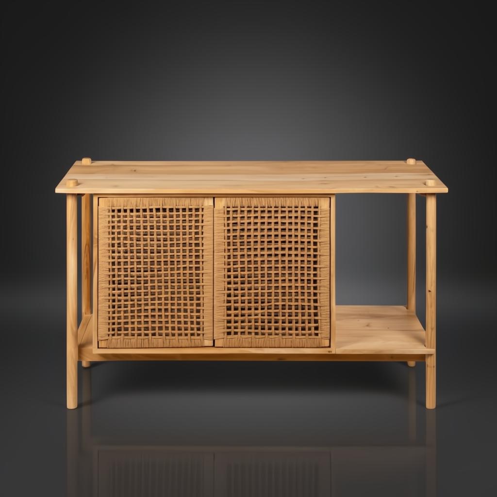 Surya Orly Cabinet: brown and wheat brown mango wood cabinet with woven paper doors and open shelf.