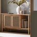 Surya Orly Cabinet: brown and wheat brown mango wood cabinet with woven paper doors and open shelving.