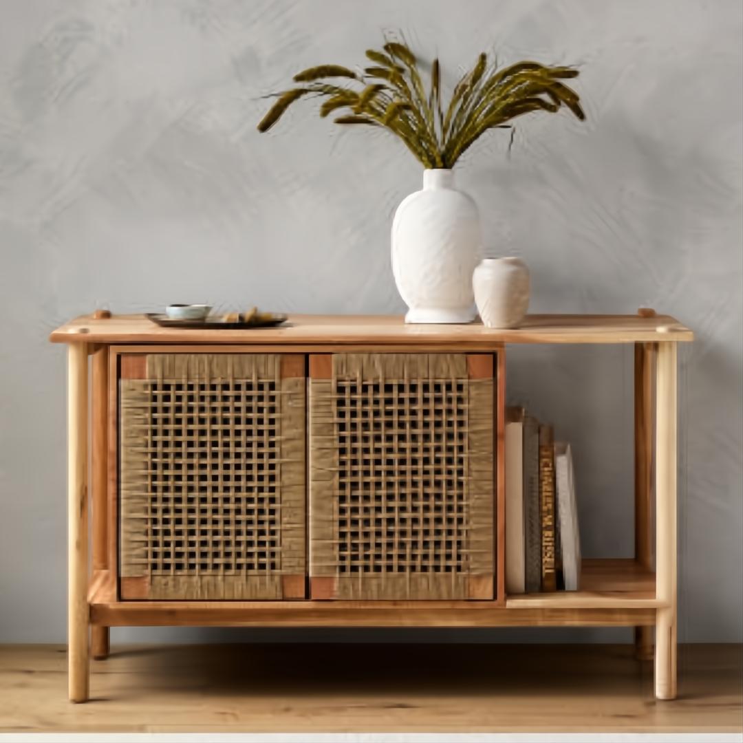 Surya Orly Cabinet: brown and wheat brown mango wood and paper cabinet with woven doors.
