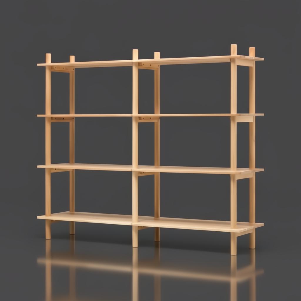 Light brown mango wood bookcase with four wide shelves and a minimalist design.