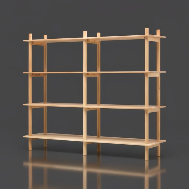 Light brown mango wood bookcase with four wide shelves and a minimalist design.