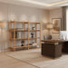 Wide brown mango wood bookcase with four open shelves in a modern office.
