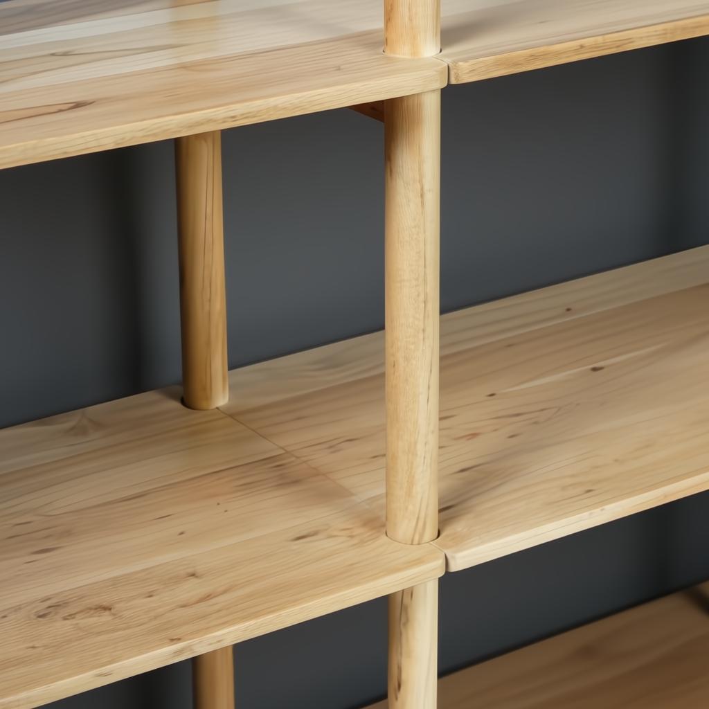 Close-up of a light brown mango wood bookcase with clean lines and round vertical supports.