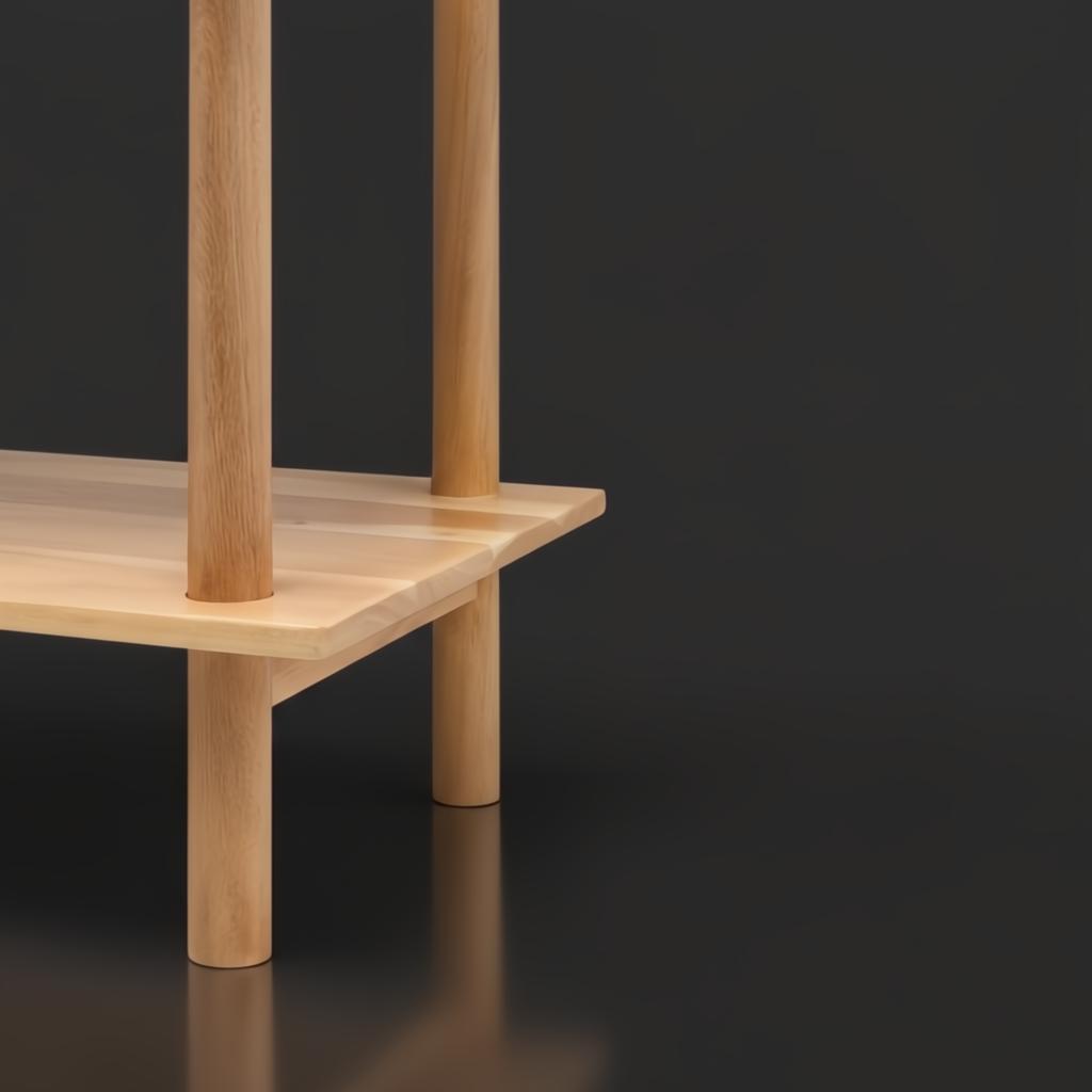 Close-up of a light brown mango wood bookcase shelf with round support posts.