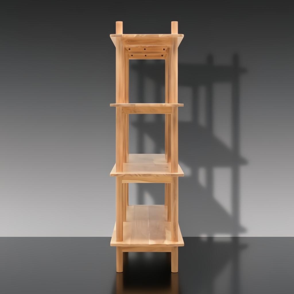 Light brown mango wood bookcase with four open shelves, viewed from the side.