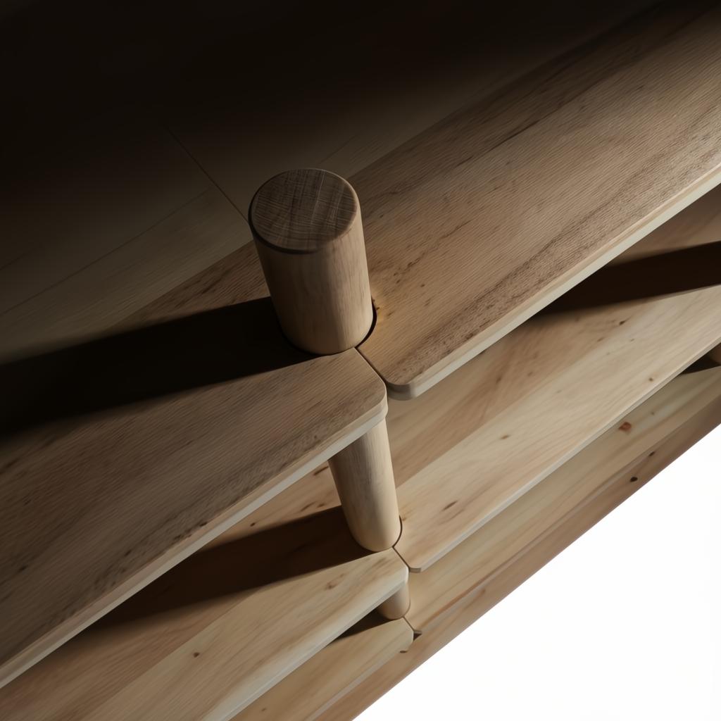 Close-up of a light brown mango wood bookcase with round wooden supports and clean shelves.