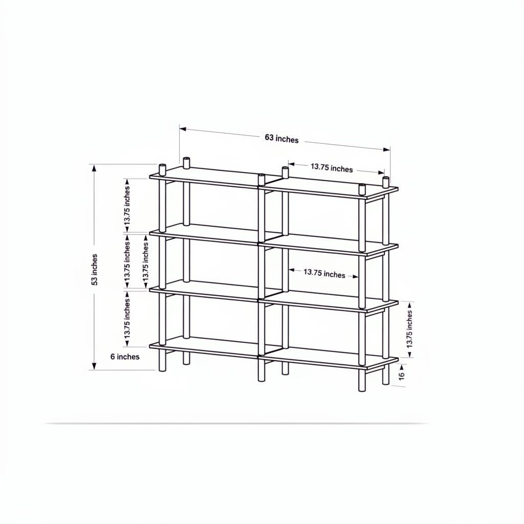 Diagram of a brown mango wood bookcase, 53"H x 63"W x 16"D, with three wide shelves.