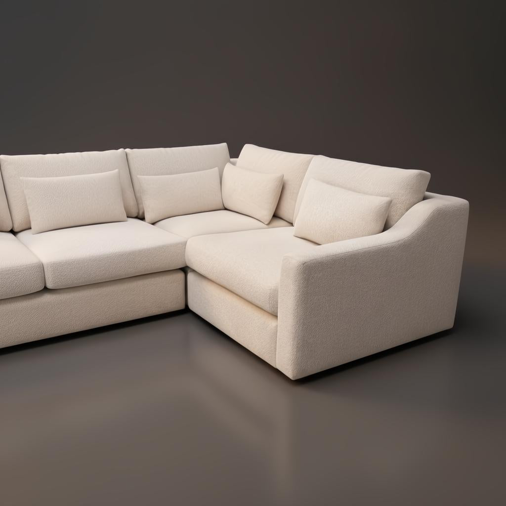 Cream-colored sectional sofa with textured polyester upholstery, plush cushions, and five pillows.