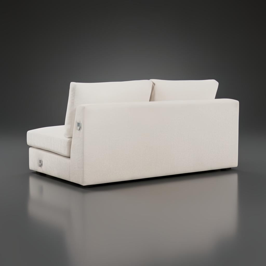 Back view of a light beige fabric sectional sofa with a low profile and exposed metal accents.