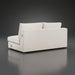 Back view of a light beige fabric sectional sofa with a low profile and exposed metal accents.