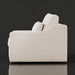 Side view of a light beige polyester sectional sofa with a low profile and a brown stained poplar base.
