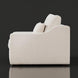 Side view of a light beige polyester sectional sofa with a low profile and a brown stained poplar base.