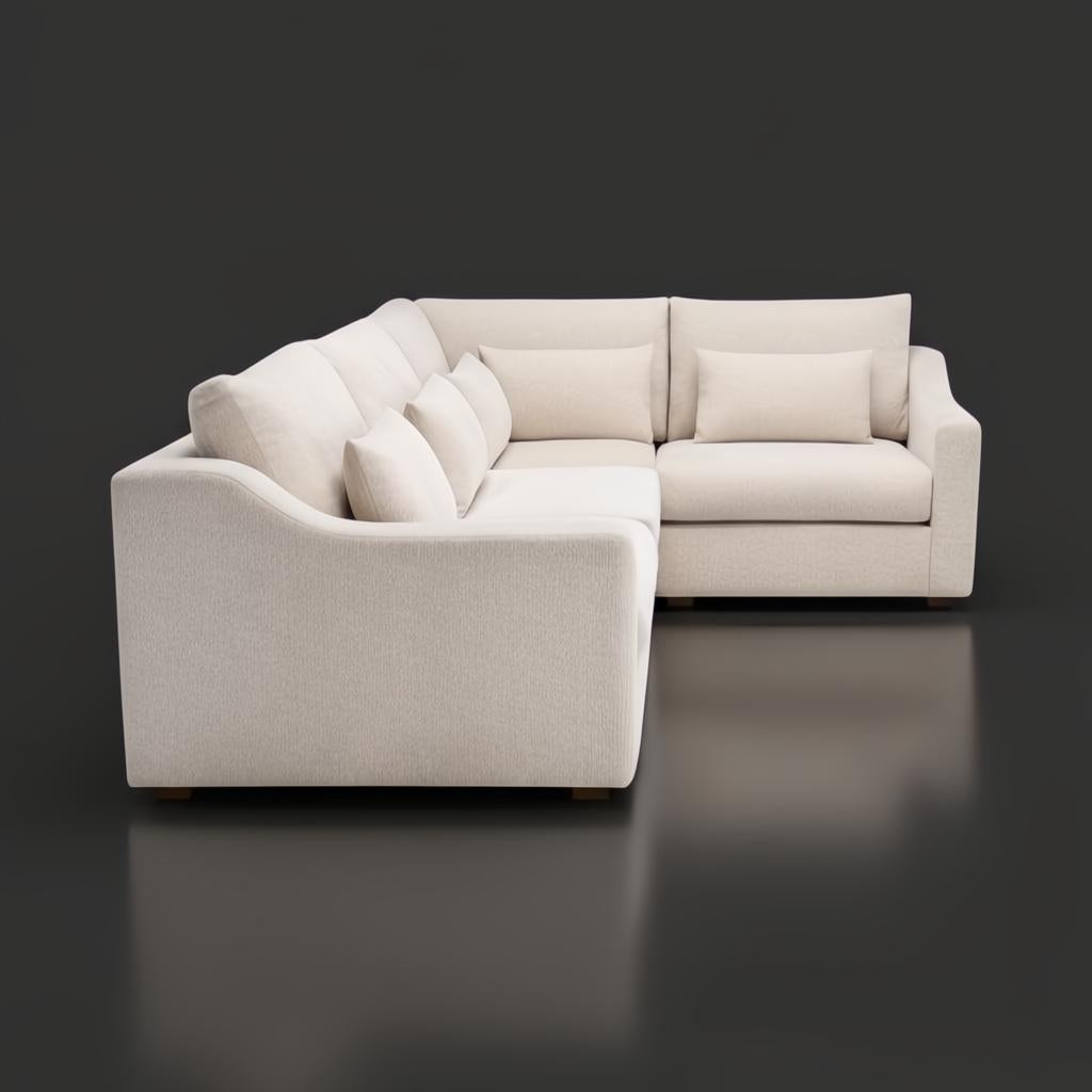 Light beige left arm facing sectional sofa with five pillows and a brown stained poplar base.