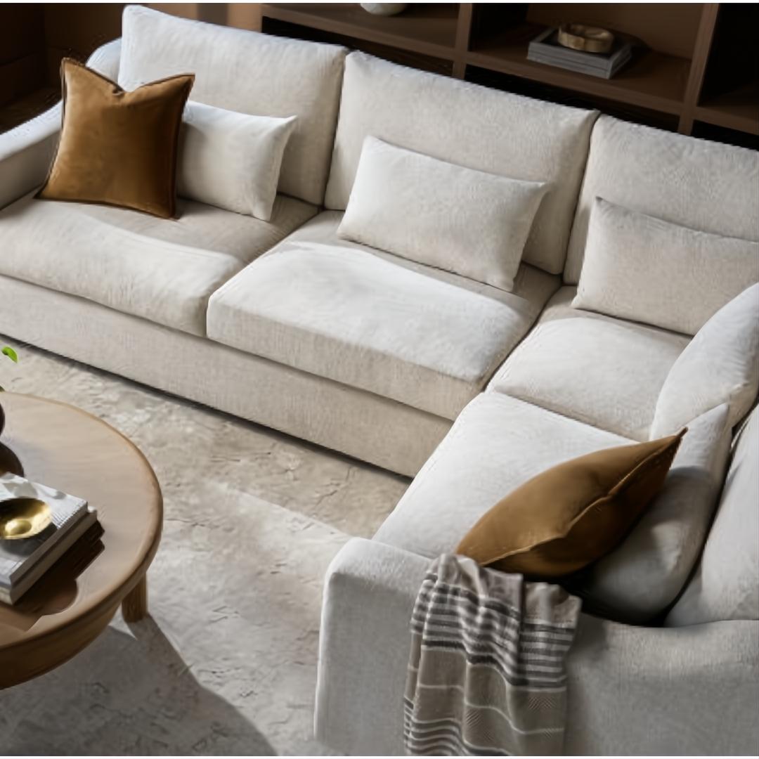 Surya Pedersen Left Arm Facing Sectional in light brown polyester with accent pillows and a wooden coffee table.