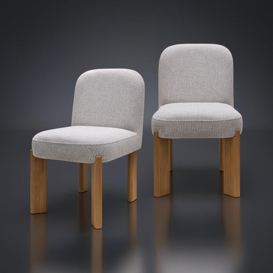 Set of two Surya Pico dining chairs with taupe polyester-linen upholstery and brown rubber wood bases.