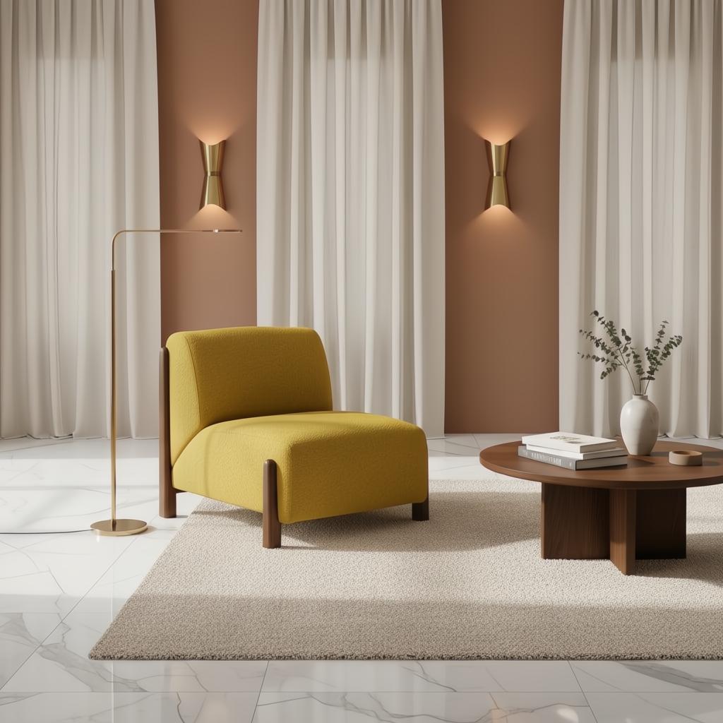 Yellow Surya Kenwood accent chair with dark brown rubber wood base in a modern living room.