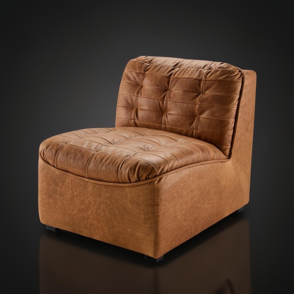 Surya Oryan modular chair in brown leather with tufted cushions and a black rubber wood base.