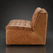 Brown leather modular chair with tufted cushions and a black rubber wood base.