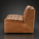 Brown leather modular chair with tufted cushions and a black rubber wood base.