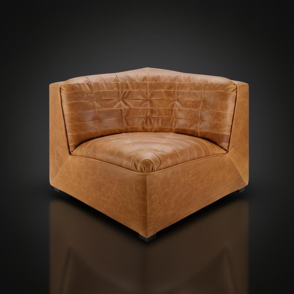 Brown 100% leather corner accent chair with tufted back and seat, 30"H x 35"W x 35"D.