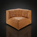Brown 100% leather corner accent chair with tufted back and seat, 30"H x 35"W x 35"D.