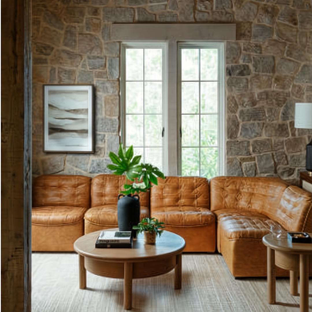 Surya Oryan modular sofa in brown leather, with a round wooden coffee table and accent table.