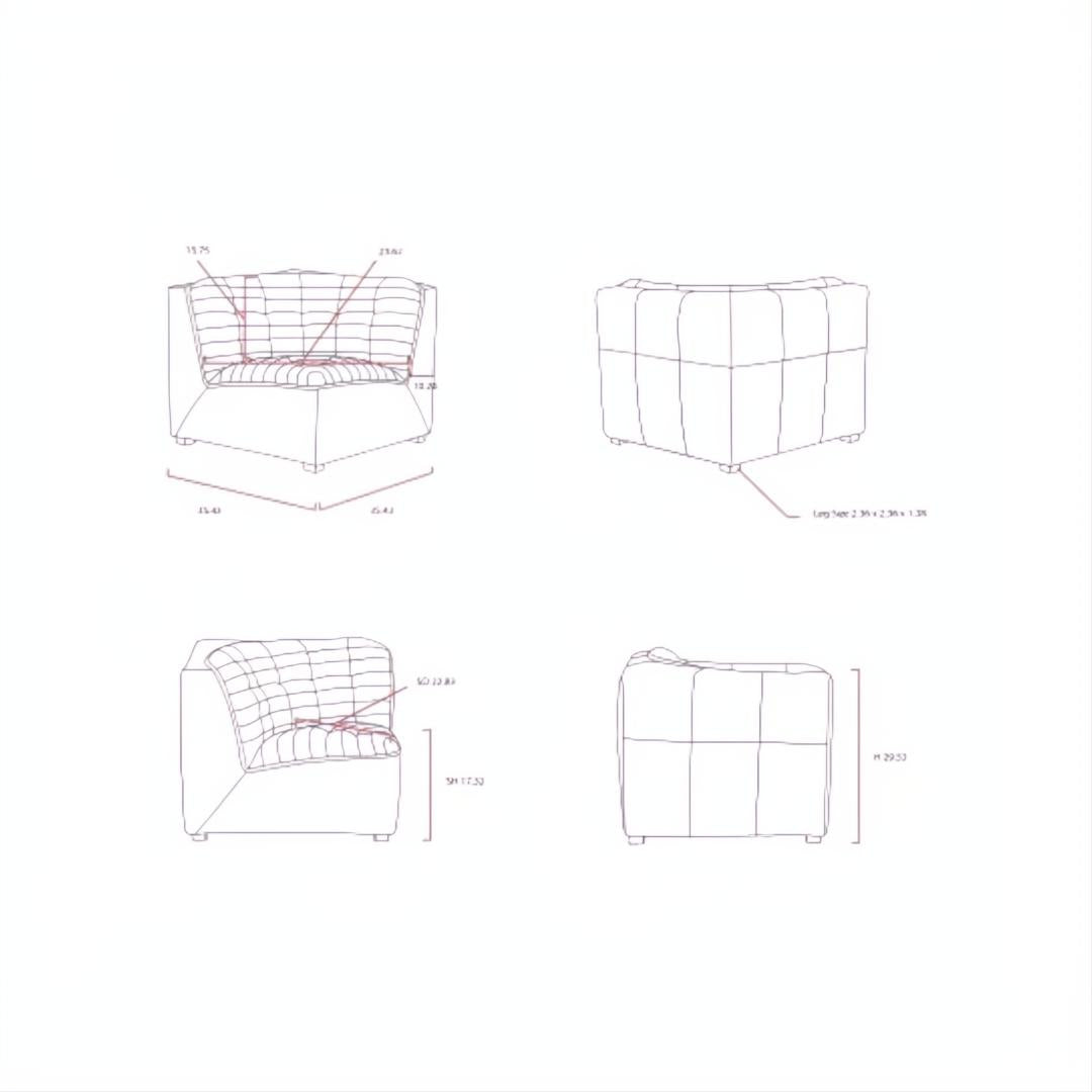 Technical drawings of the Surya Oryan modular sofa, showing dimensions and design from multiple angles.