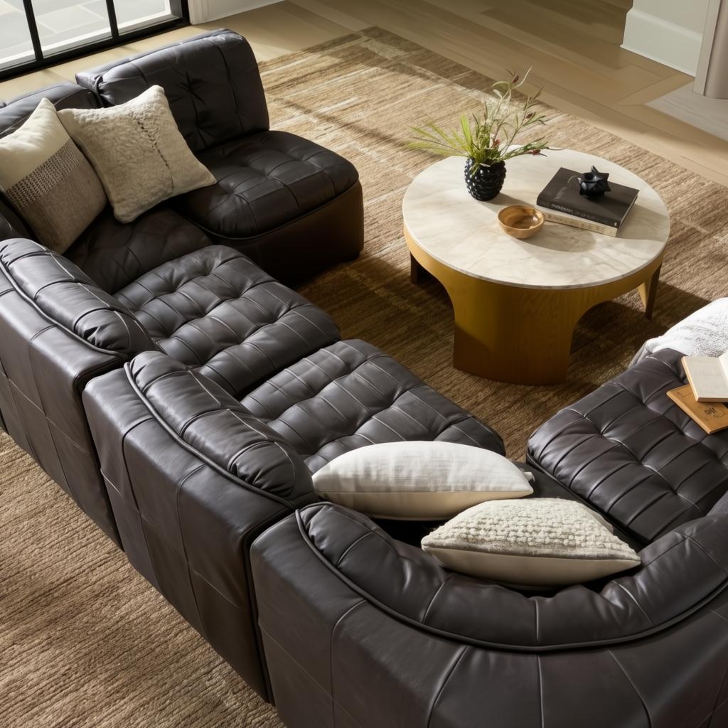 Black leather Surya Oryan modular sofa with tufted cushions and pine base, arranged in a living room.