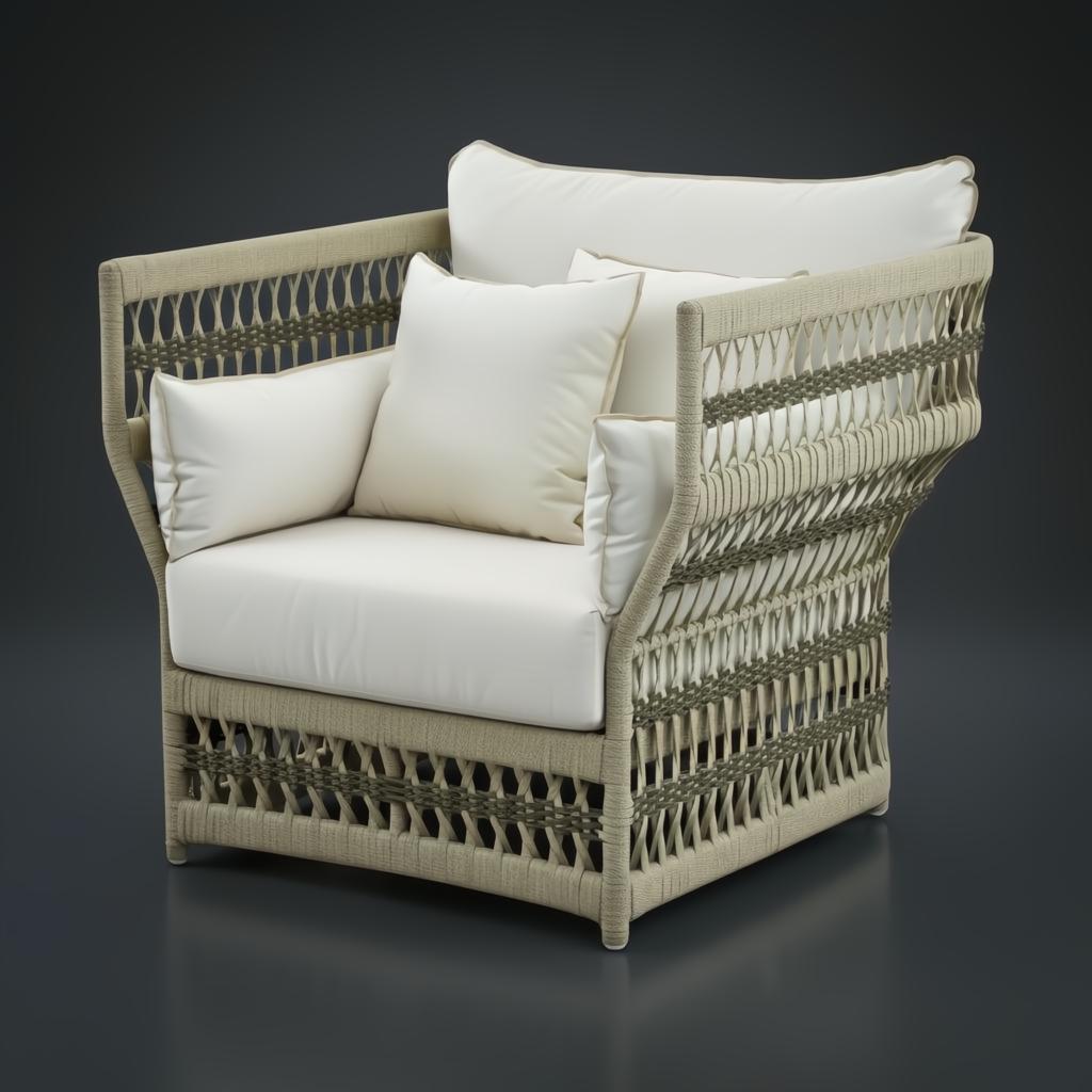 Cream Surya Winder accent chair with woven frame, Sunbrella cushions, and three pillows.