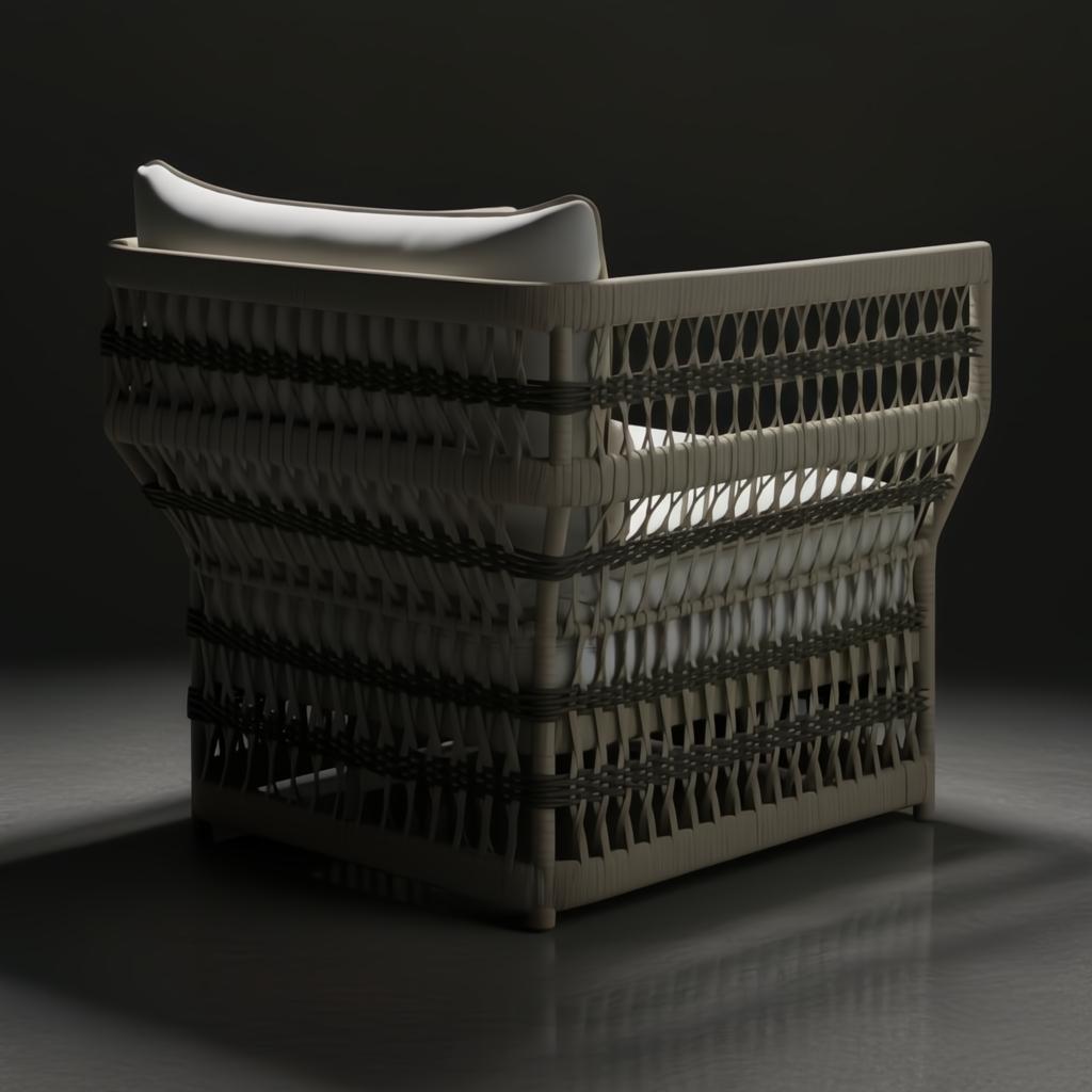 Surya Winder accent chair with cream Sunbrella cushions and a woven, powder-coated aluminum frame.