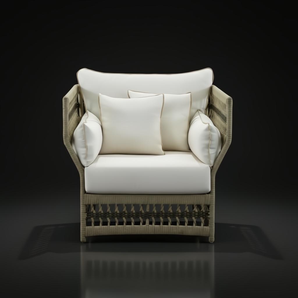 Surya Winder accent chair with cream Sunbrella cushions and a woven beige frame.