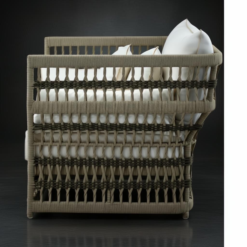 Surya Winder accent chair with cream Sunbrella cushions and pillows, featuring a woven tan and dark gray frame.